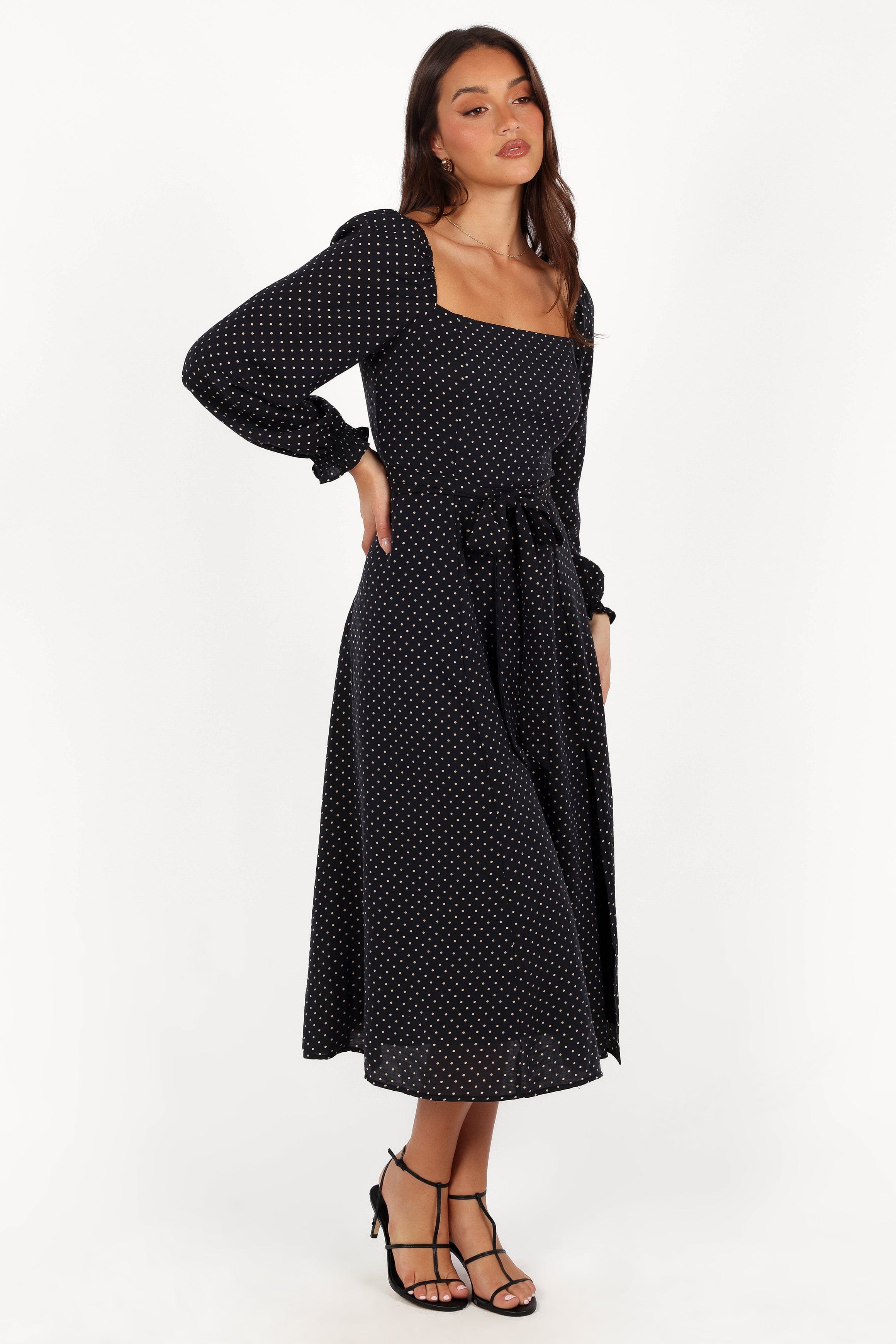 Petal and Pup USA DRESSES Ettie Long Sleeve Midi Dress - Black Polka Dot