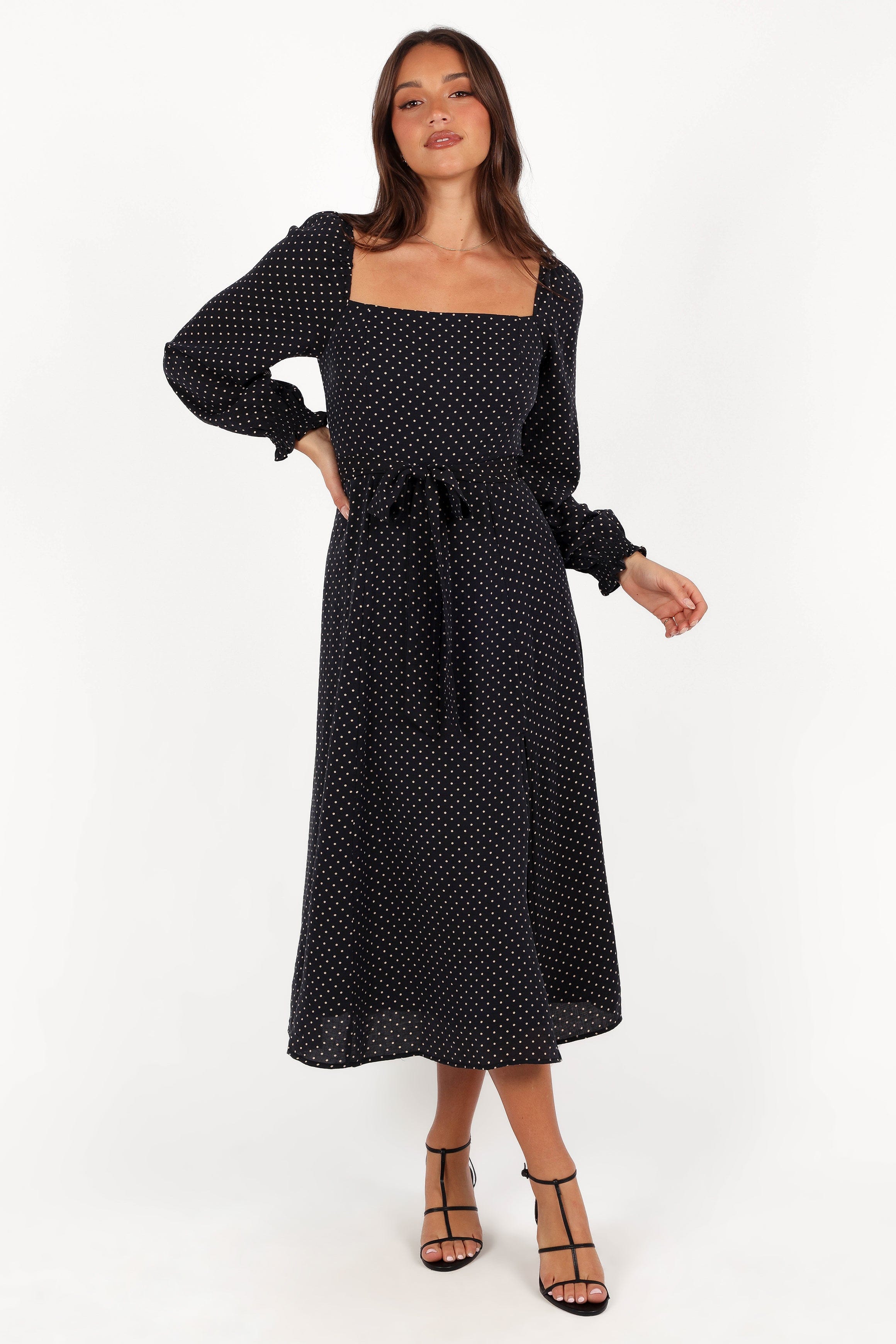 Petal and Pup USA DRESSES Ettie Long Sleeve Midi Dress - Black Polka Dot