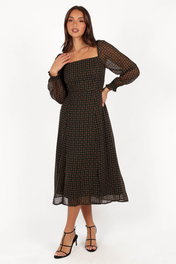 Petal and Pup USA DRESSES Ettie Long Sleeve Midi Dress - Pine/Tan