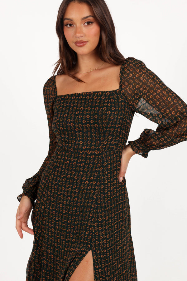Petal and Pup USA DRESSES Ettie Long Sleeve Midi Dress - Pine/Tan