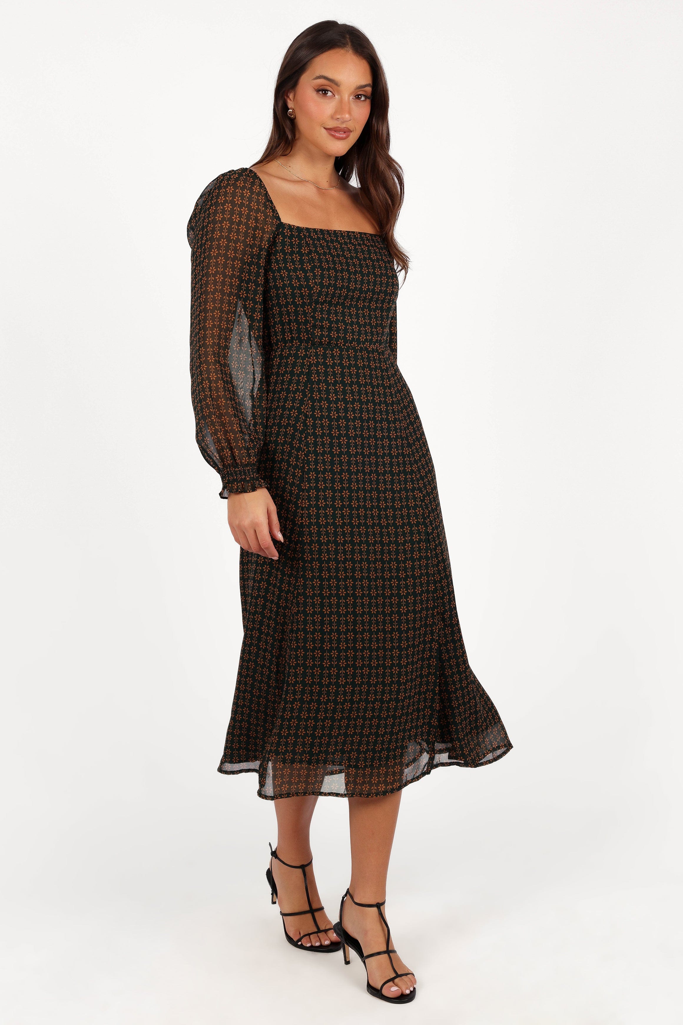 Petal and Pup USA DRESSES Ettie Long Sleeve Midi Dress - Pine/Tan