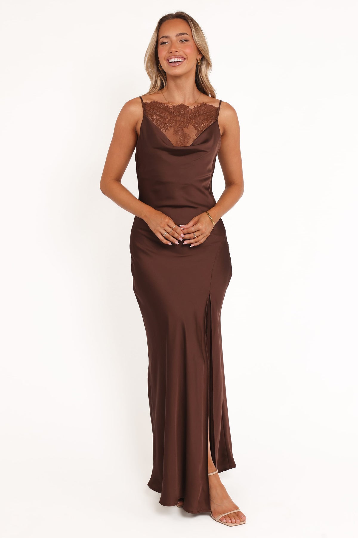 brown silk dresses Petal and Pup Women's Evana Lace Maxi Dress