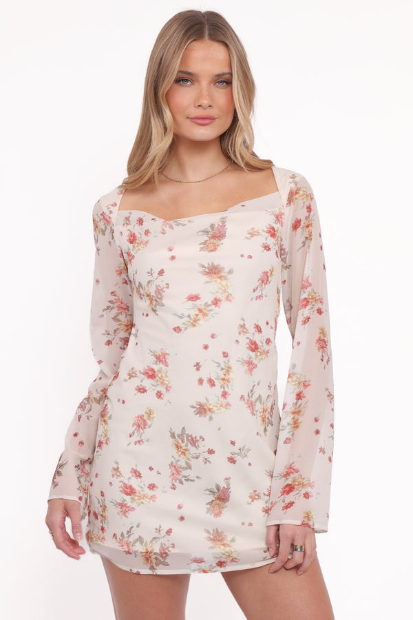 Petal and Pup USA DRESSES Everlyn Long Sleeve Mini Dress - Cream Floral