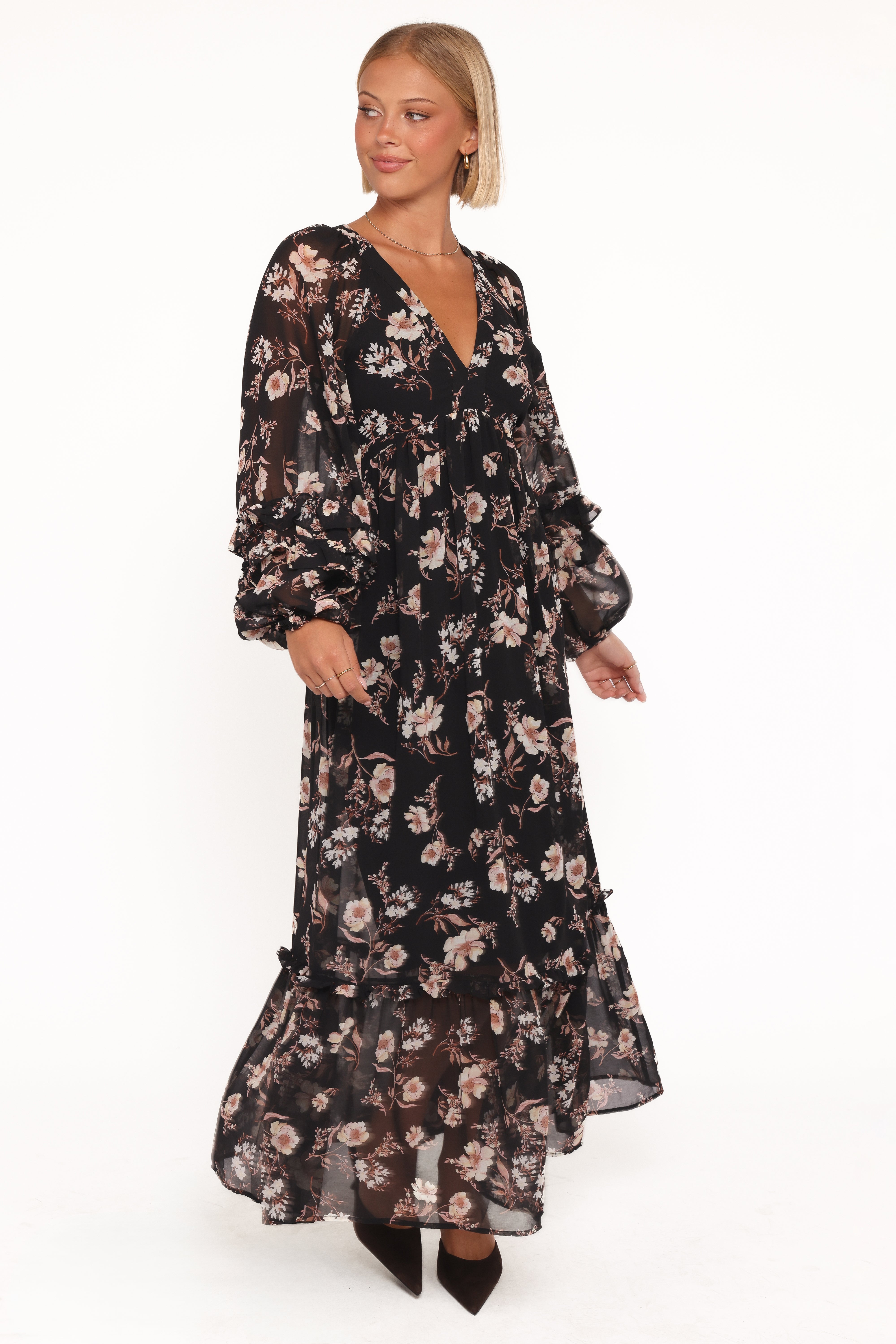 Petal and Pup USA DRESSES Evian Long Sleeve Maxi Dress - Black Floral