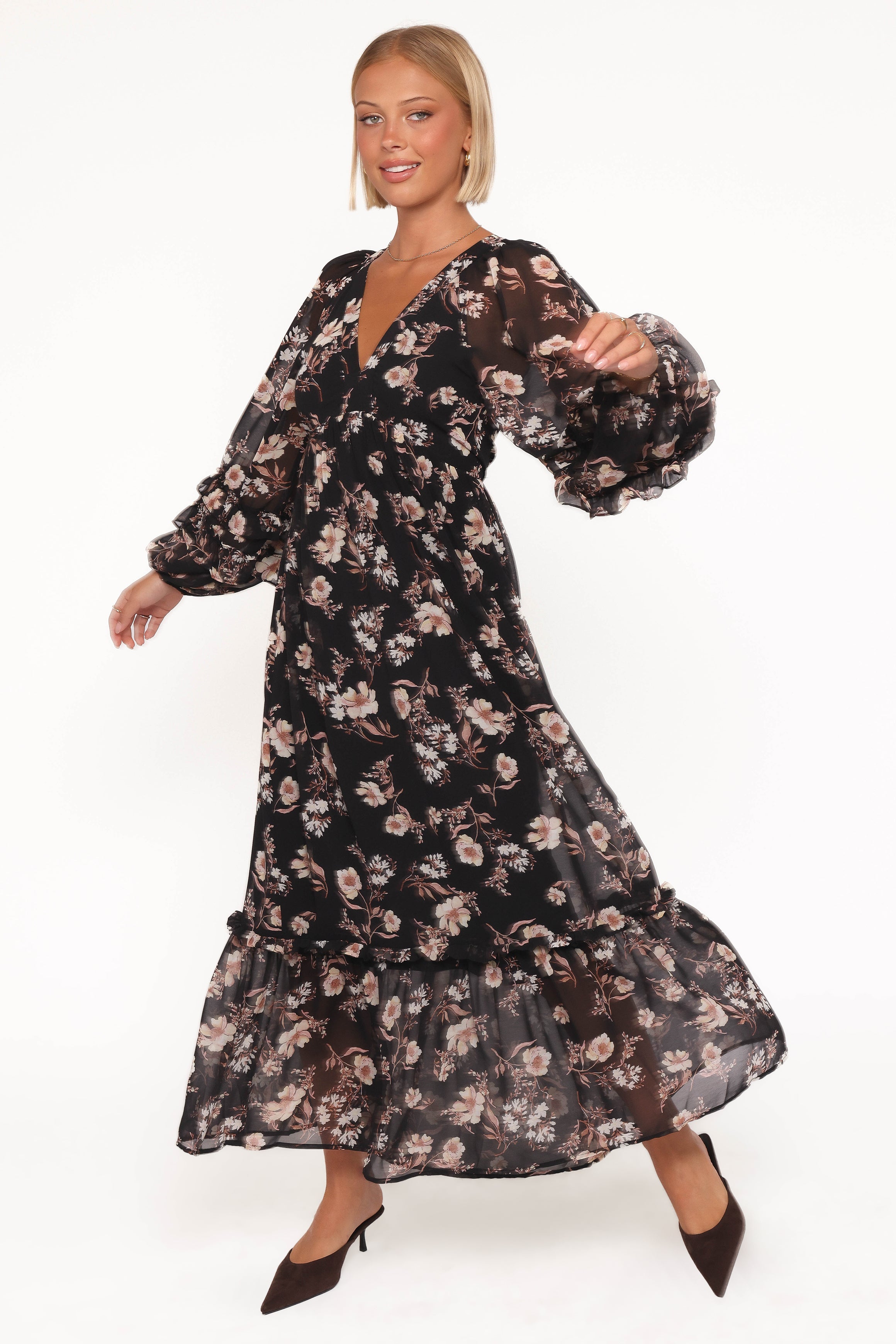 Petal and Pup USA DRESSES Evian Long Sleeve Maxi Dress - Black Floral
