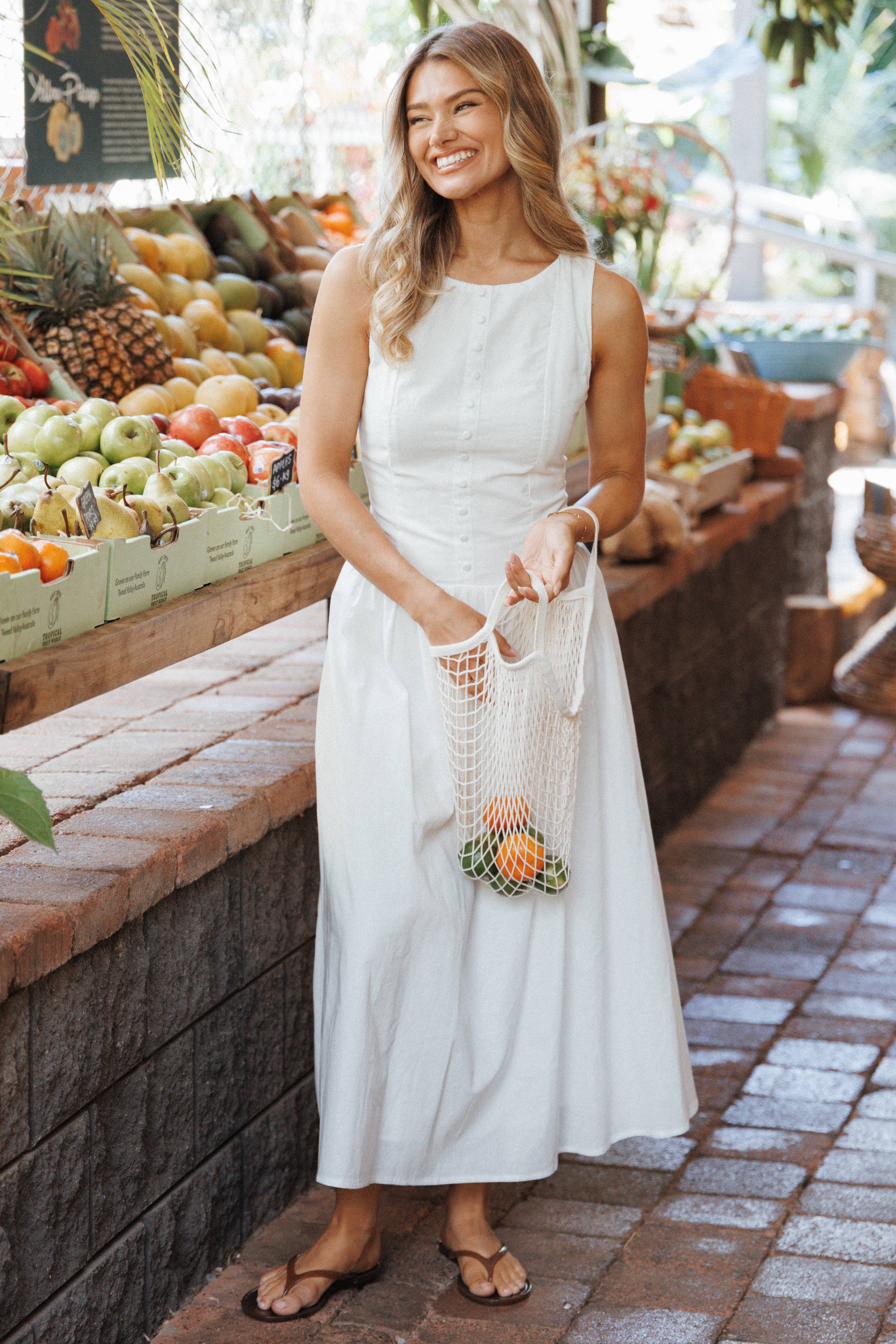 Evie Button Front Maxi Dress - White | Petal & Pup USA