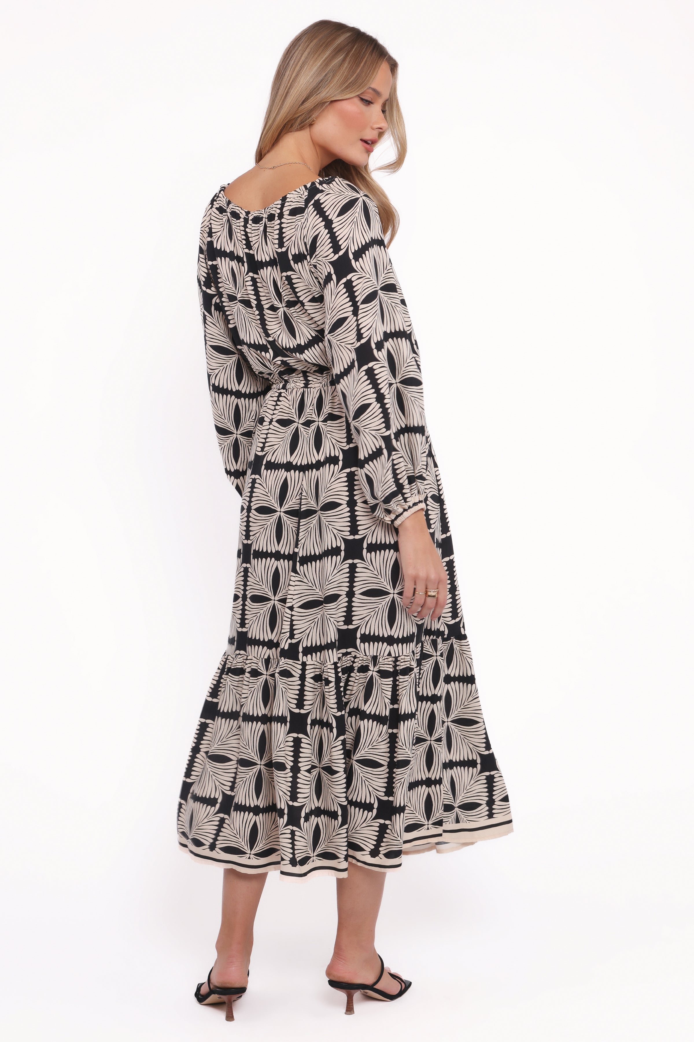 Petal and Pup USA DRESSES Faris Off Shoulder Midi Dress - Black Geo