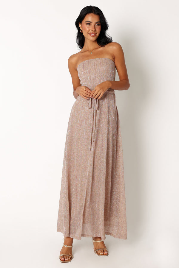 Petal and Pup USA DRESSES Farley Strapless Maxi Dress - Rose Gold Stripe