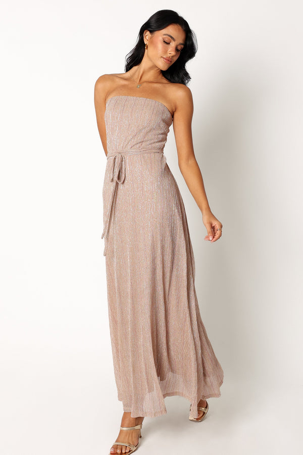 Petal and Pup USA DRESSES Farley Strapless Maxi Dress - Rose Gold Stripe