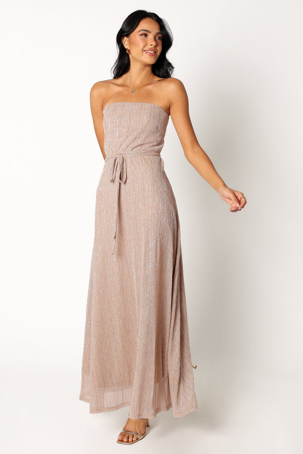 Petal and Pup USA DRESSES Farley Strapless Maxi Dress - Rose Gold Stripe