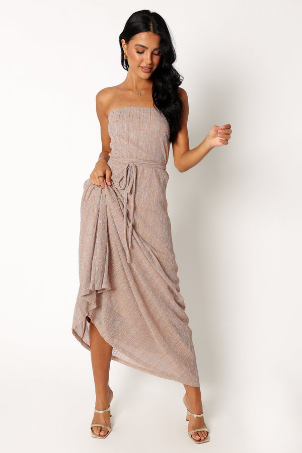 Petal and Pup USA DRESSES Farley Strapless Maxi Dress - Rose Gold Stripe