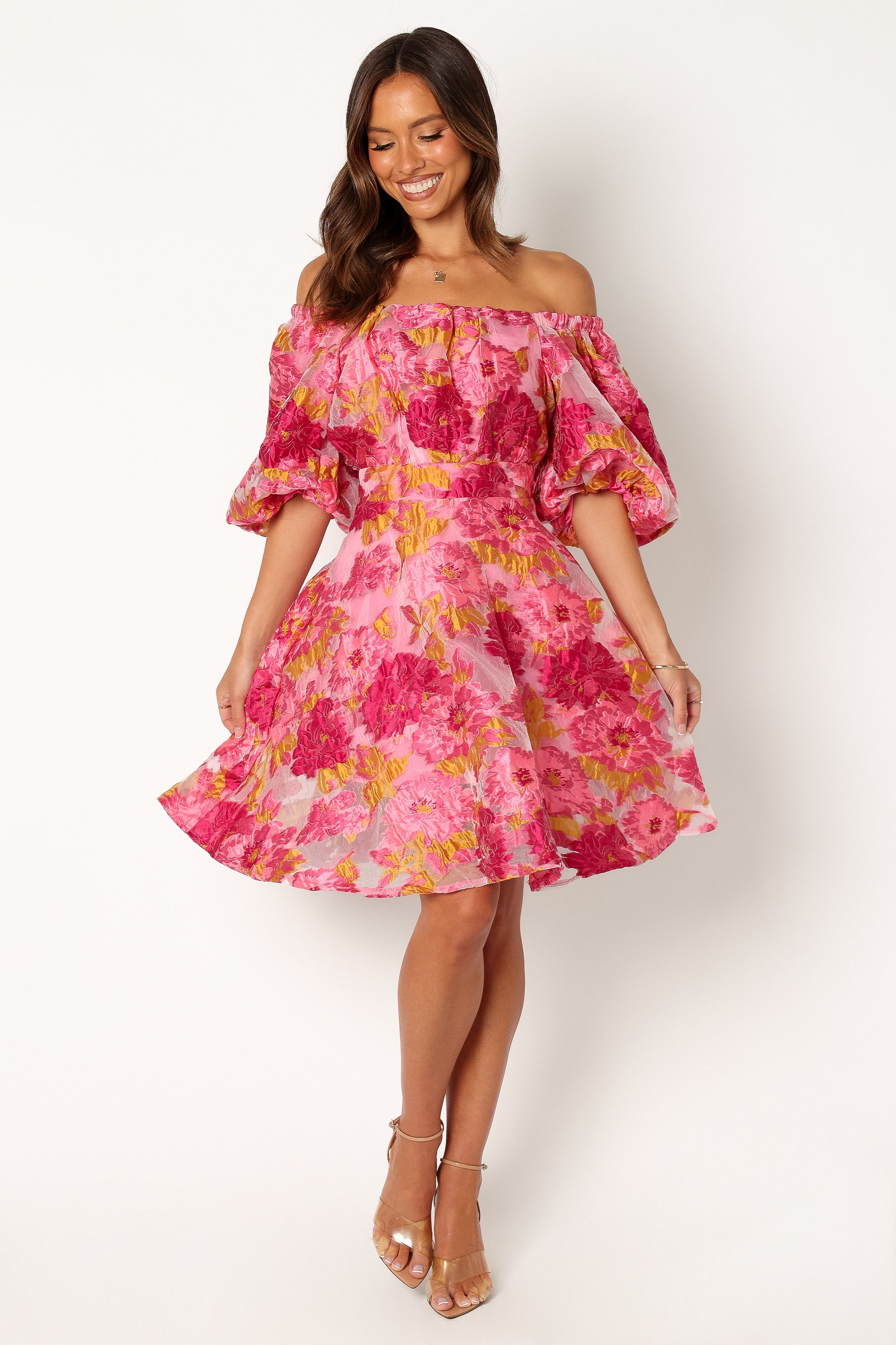 Petal and Pup USA DRESSES Faye Off Shoulder Mini Dress - Pink Floral