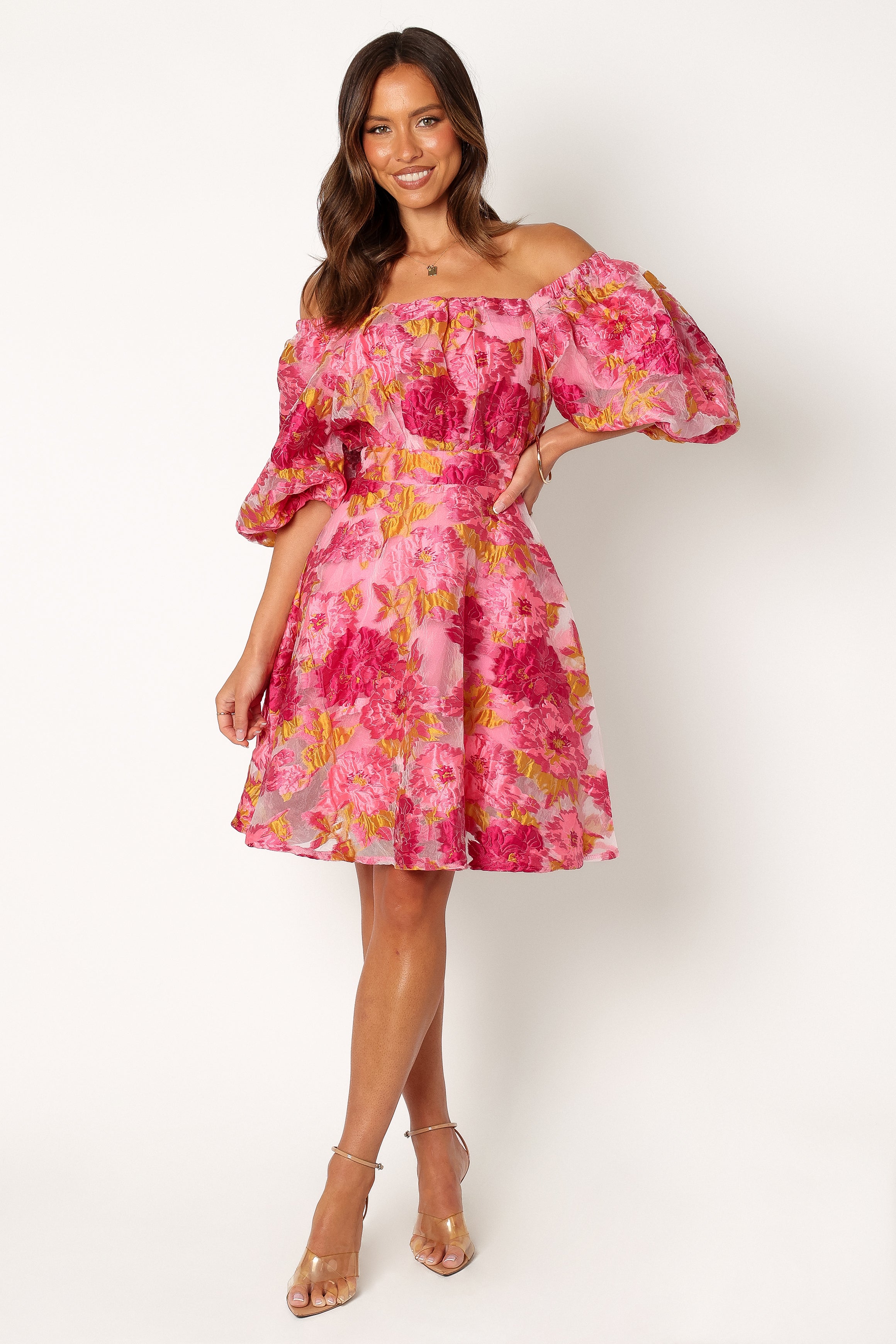 Petal and Pup USA DRESSES Faye Off Shoulder Mini Dress - Pink Floral