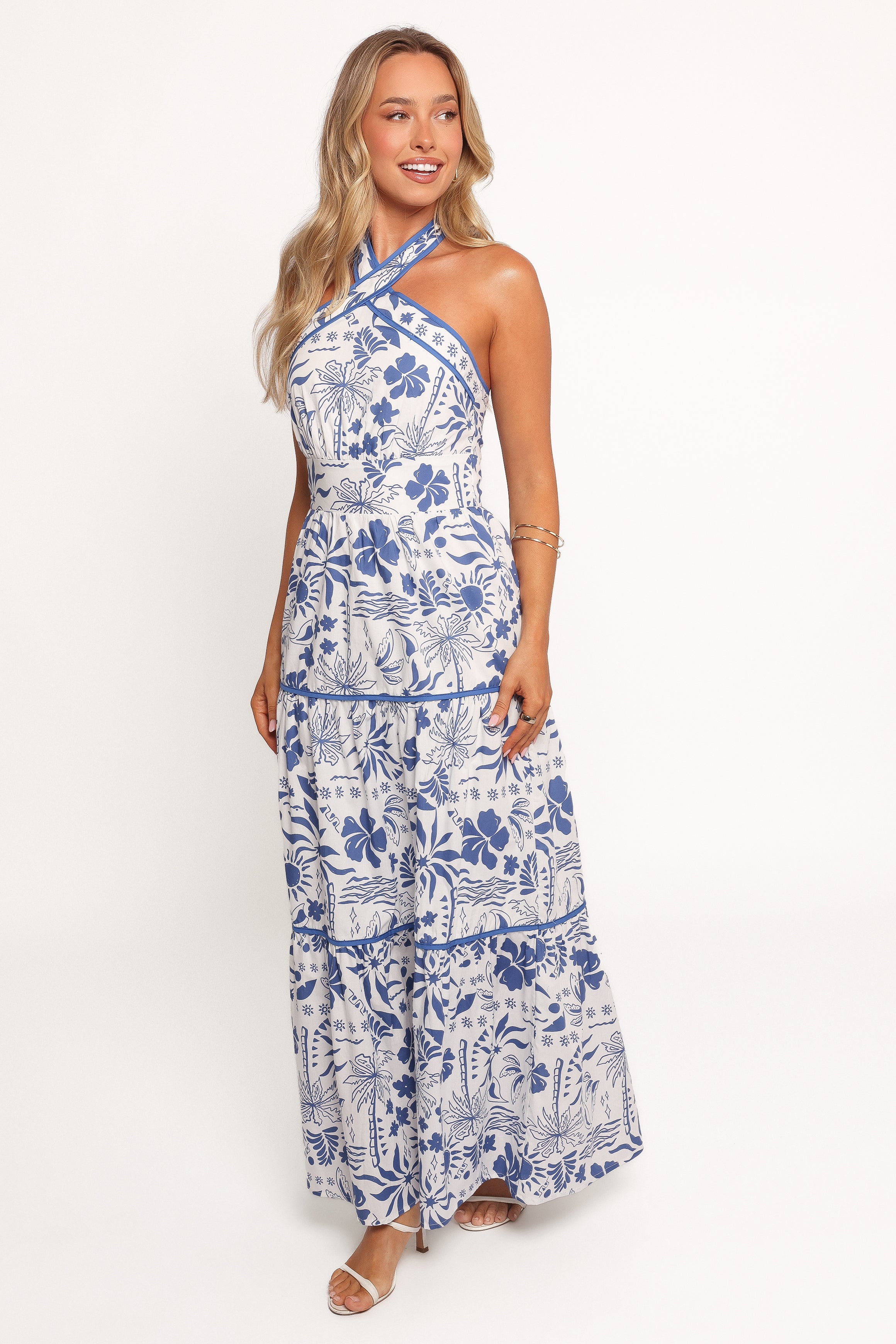 Petal and Pup USA DRESSES Fernanda Halterneck Maxi Dress - Blue Tropical