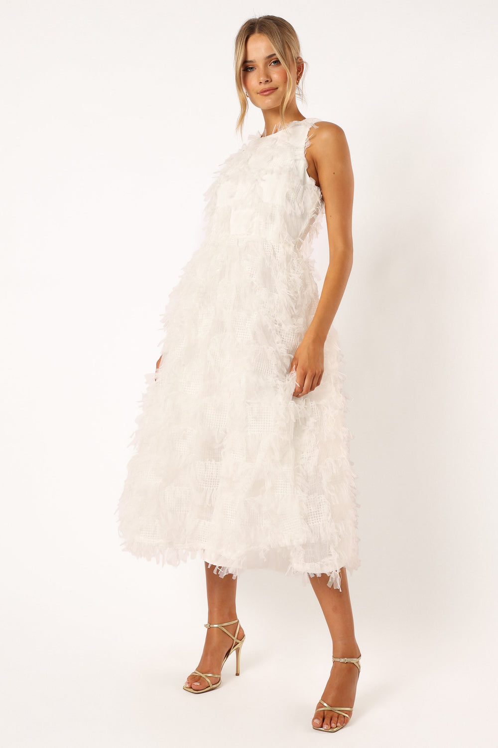 Petal and Pup USA DRESSES Florence Feathered Midi Dress - White