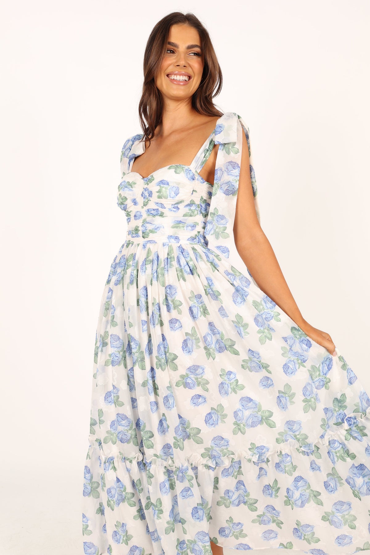 knee length dresses for ladies Provence Bloom Tiered Midi Dress Floral Blue