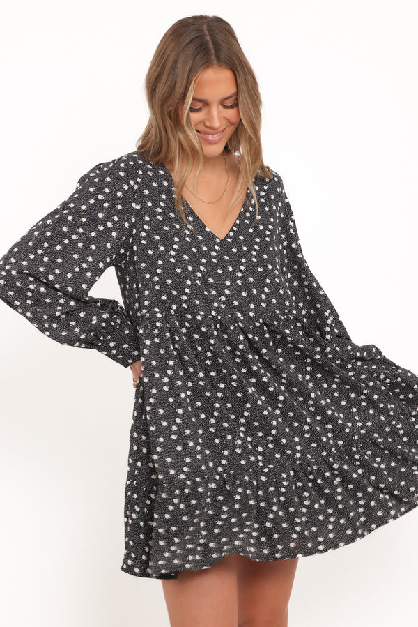 Petal and Pup USA DRESSES Frankie Long Sleeve Mini Dress - Black Floral (Hold for Amazon)