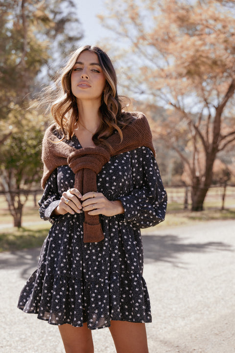 black floral puff sleeve mini dress Black Ditsy Floral Puff Sleeve Fiora Mini Dress