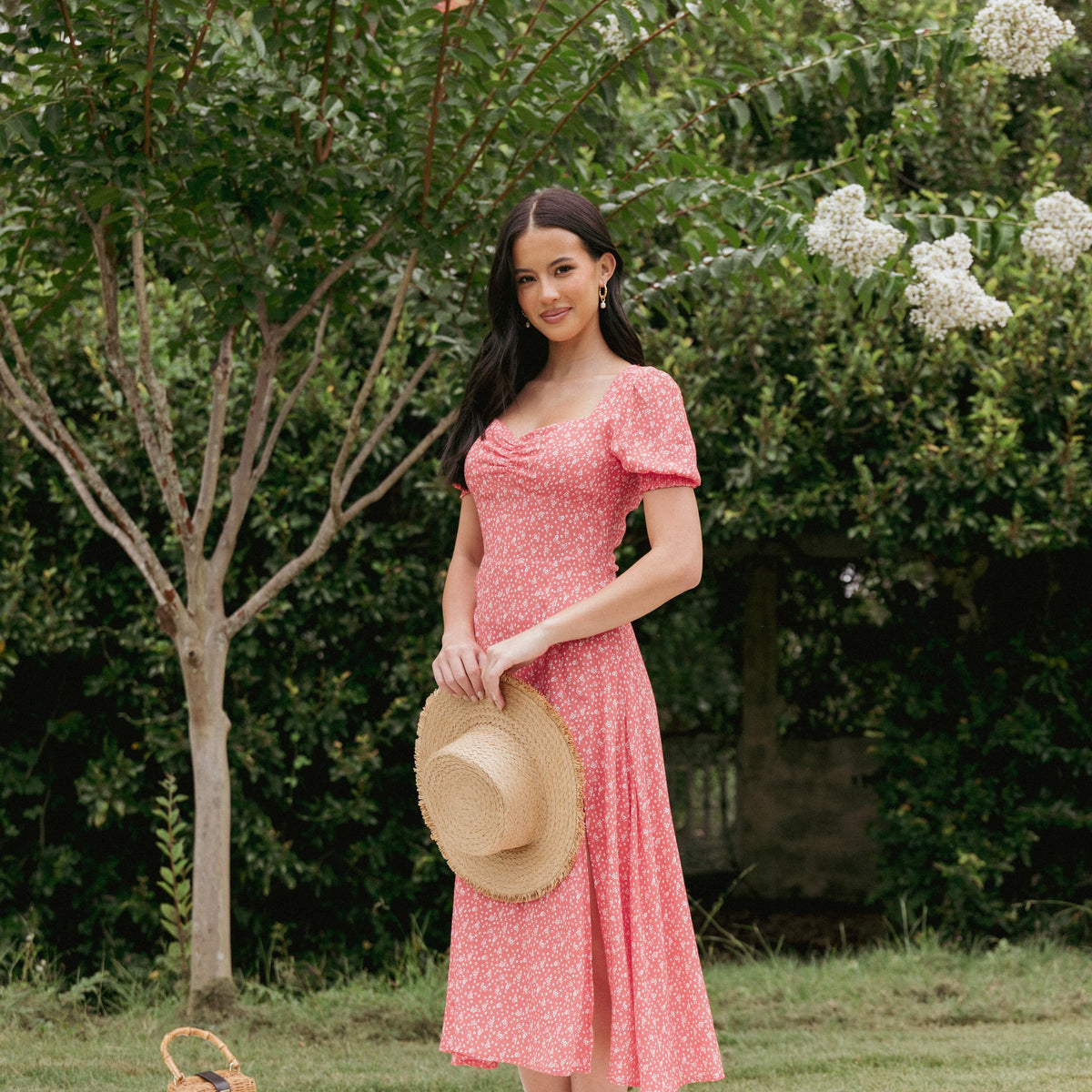 knee length dresses for ladies Listicle Floral Print Puff Sleeve Midi Dress Large