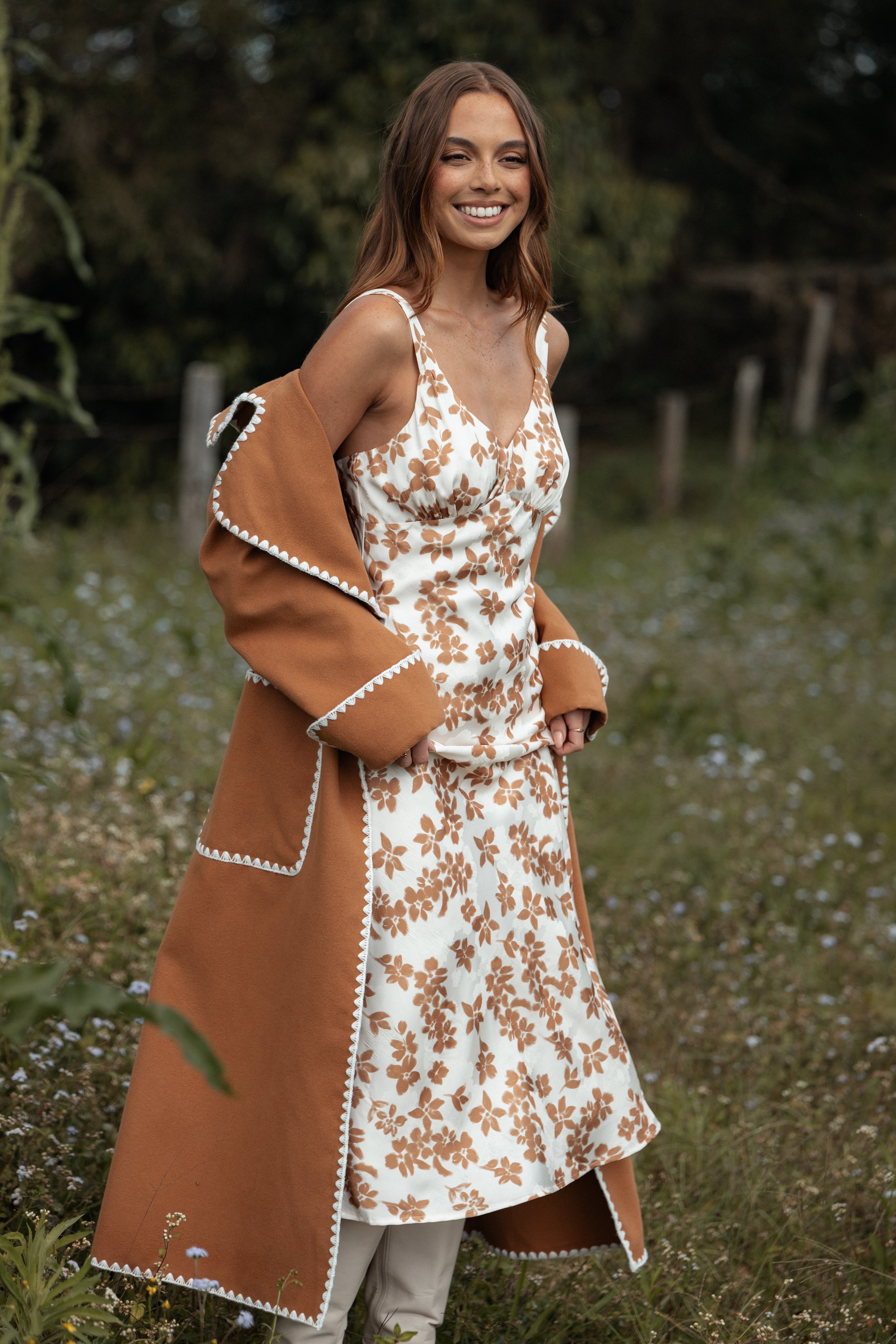 Petal and Pup USA DRESSES Franny Midi Dress - Cream Brown Floral