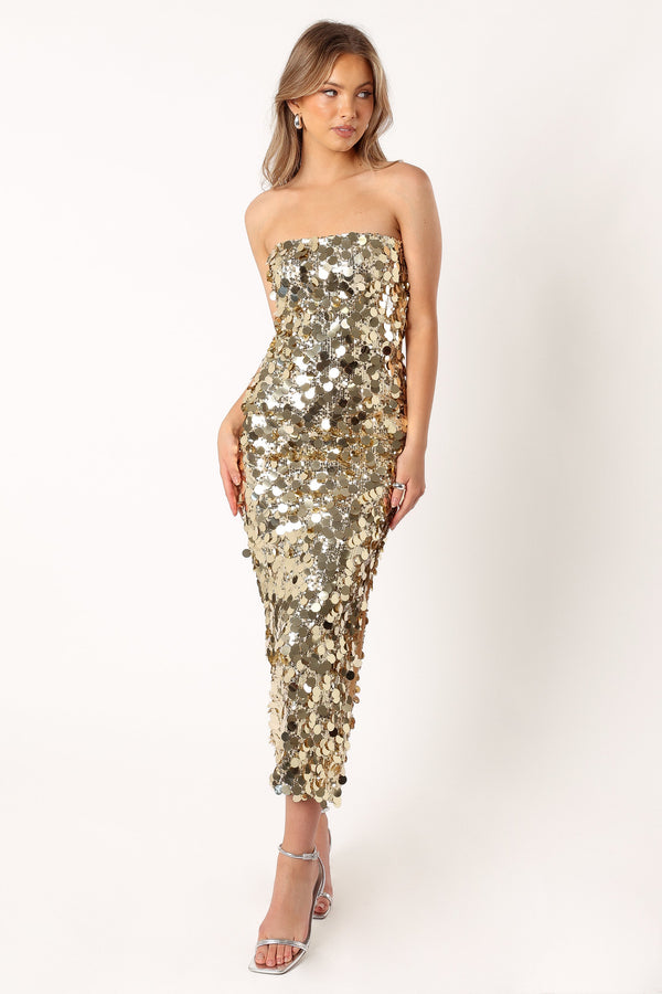 Petal and Pup USA DRESSES Gabourne Strapless Midi Dress - Gold Sequin