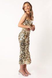Petal and Pup USA DRESSES Gabourne Strapless Midi Dress - Gold Sequin