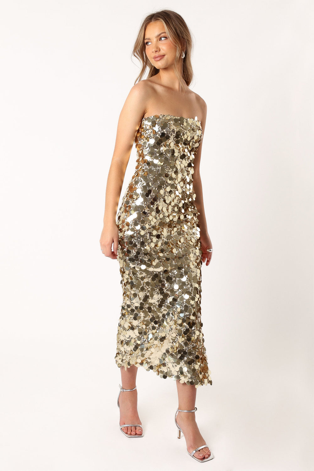 Petal and Pup USA DRESSES Gabourne Strapless Midi Dress - Gold Sequin