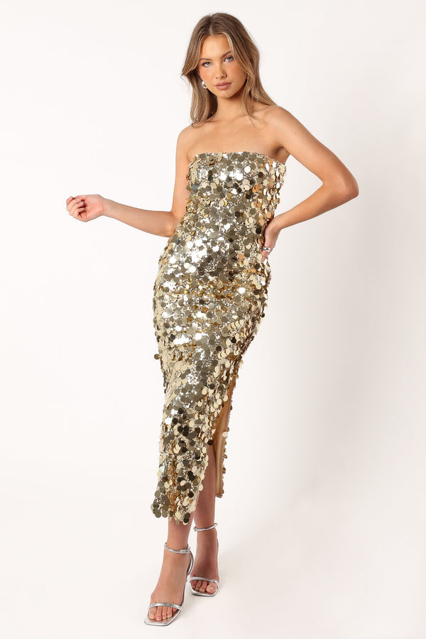 Petal and Pup USA DRESSES Gabourne Strapless Midi Dress - Gold Sequin