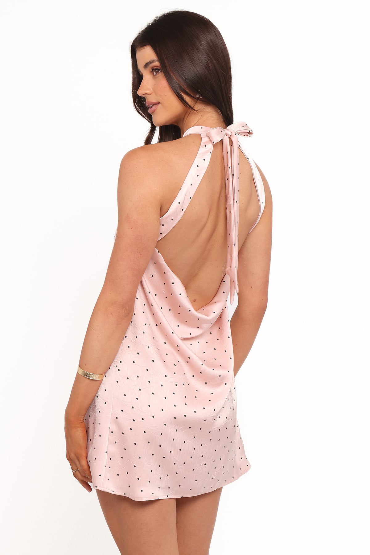 polka dot dress open back Mono Satin Polka Dot Halter Neck Cowl Back Maxi Dress