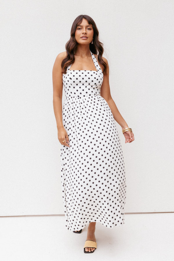 Petal and Pup USA DRESSES Gemini Halterneck Maxi Dress - White Polka Dot