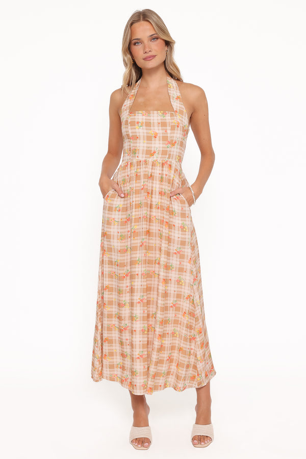 Petal and Pup USA DRESSES Gemini Halterneck Maxi Dress - Yellow Floral Gingham