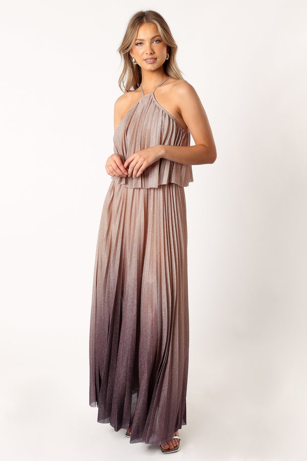 Petal and Pup USA DRESSES Gia Pleated Halterneck Maxi Dress - Gold Purple