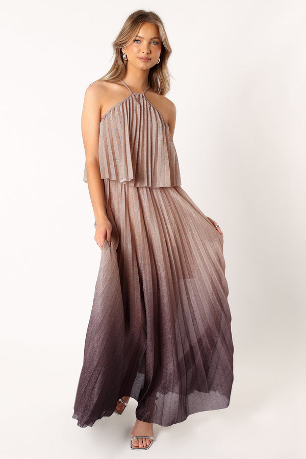 Petal and Pup USA DRESSES Gia Pleated Halterneck Maxi Dress - Gold Purple