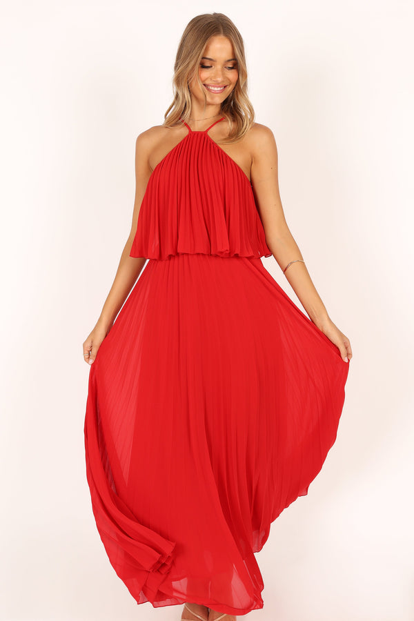 Petal and Pup USA DRESSES Gia Pleated Halterneck Maxi Dress - Red