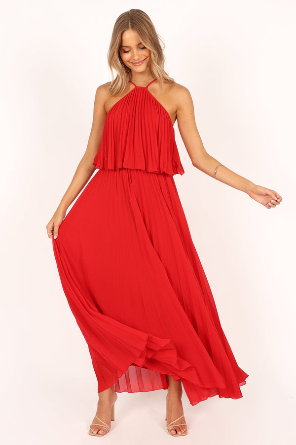 Petal and Pup USA DRESSES Gia Pleated Halterneck Maxi Dress - Red