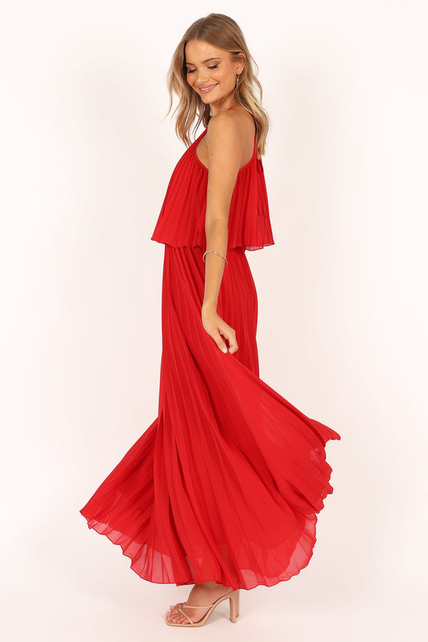 Petal and Pup USA DRESSES Gia Pleated Halterneck Maxi Dress - Red