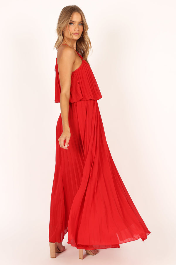 Petal and Pup USA DRESSES Gia Pleated Halterneck Maxi Dress - Red