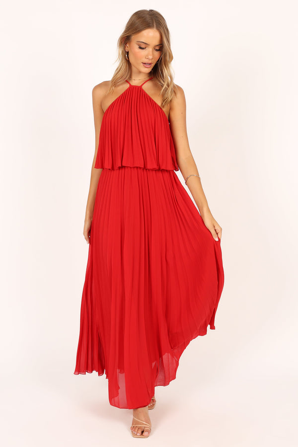 Petal and Pup USA DRESSES Gia Pleated Halterneck Maxi Dress - Red