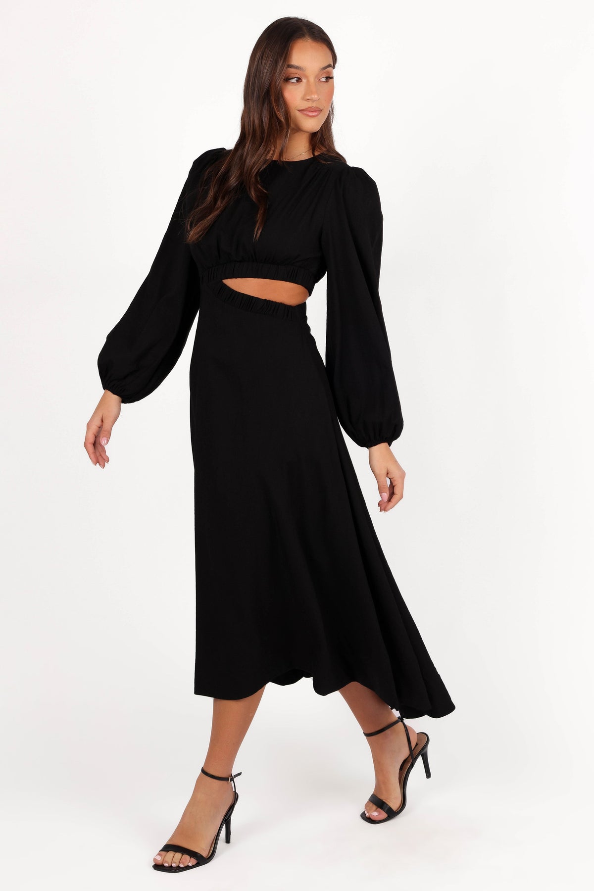 Ginnee Puff Sleeve Cutout Midi Dress - Black, M, Petal & Pup
