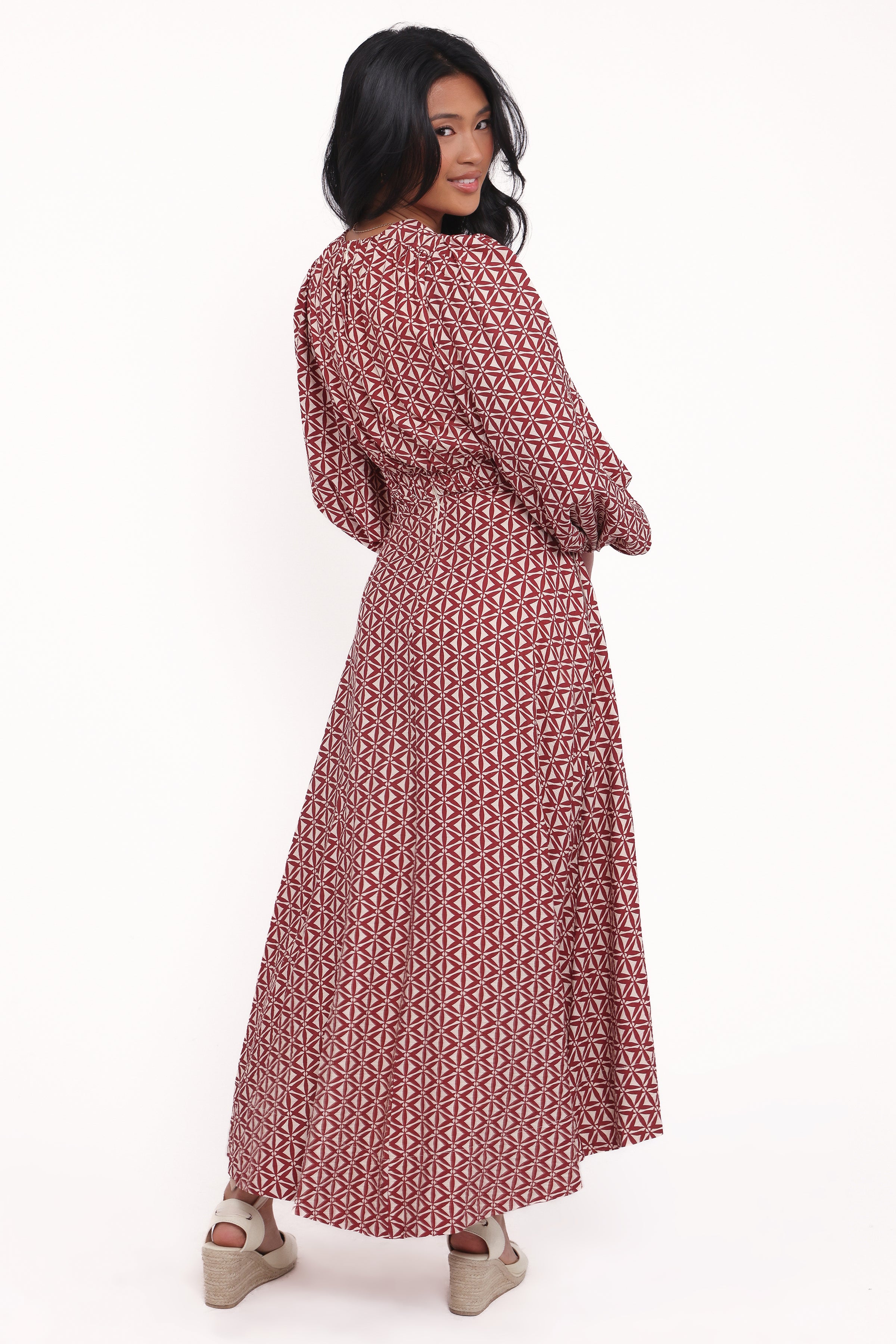 Petal and Pup USA DRESSES Ginnee Puff Sleeve Cutout Midi Dress - Brown Geo