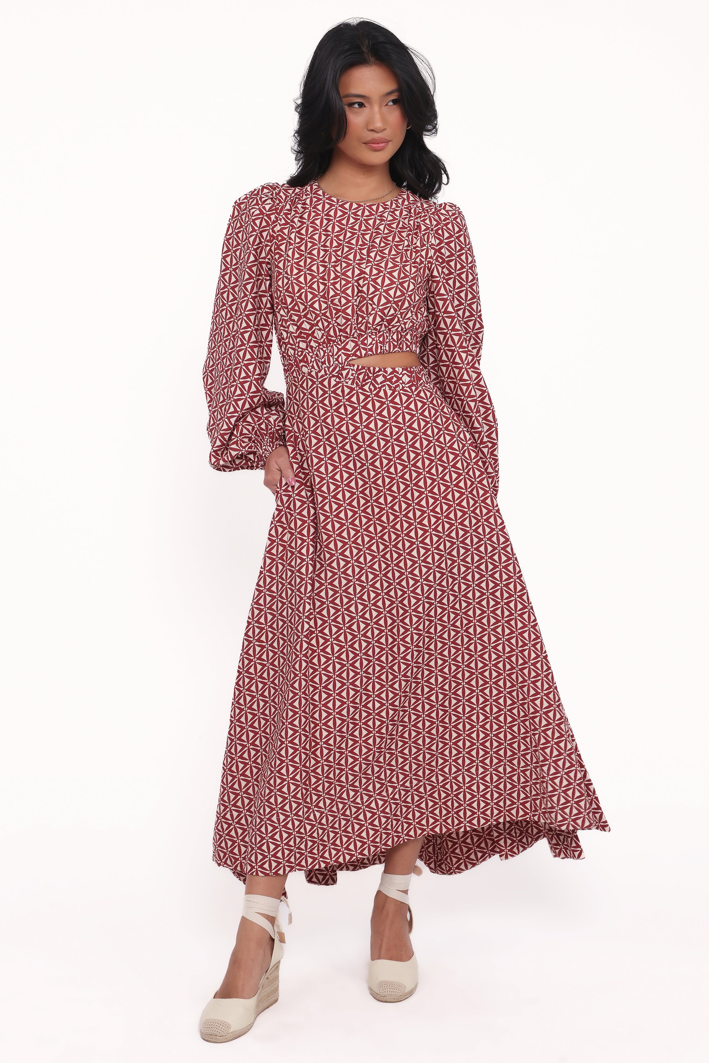 Petal and Pup USA DRESSES Ginnee Puff Sleeve Cutout Midi Dress - Brown Geo