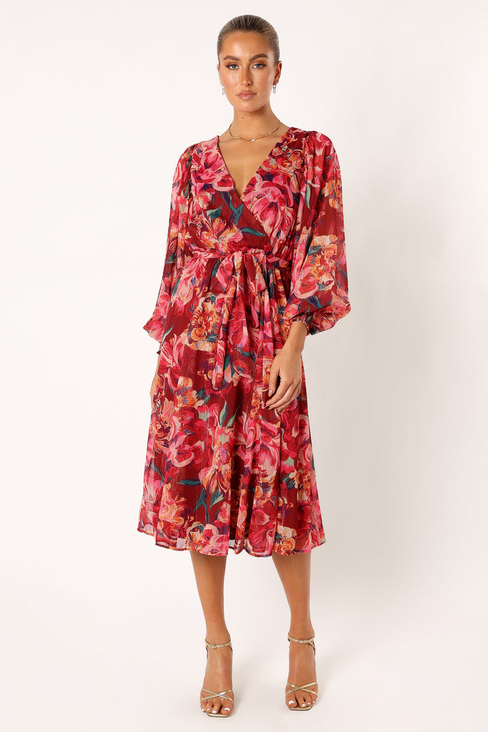 Goldie Longsleeve Midi Dress - Red Floral - Petal & Pup USA