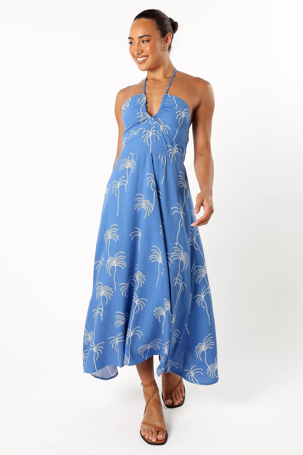 Granger Halterneck Midi Dress - Blue Palm Print - Petal & Pup USA