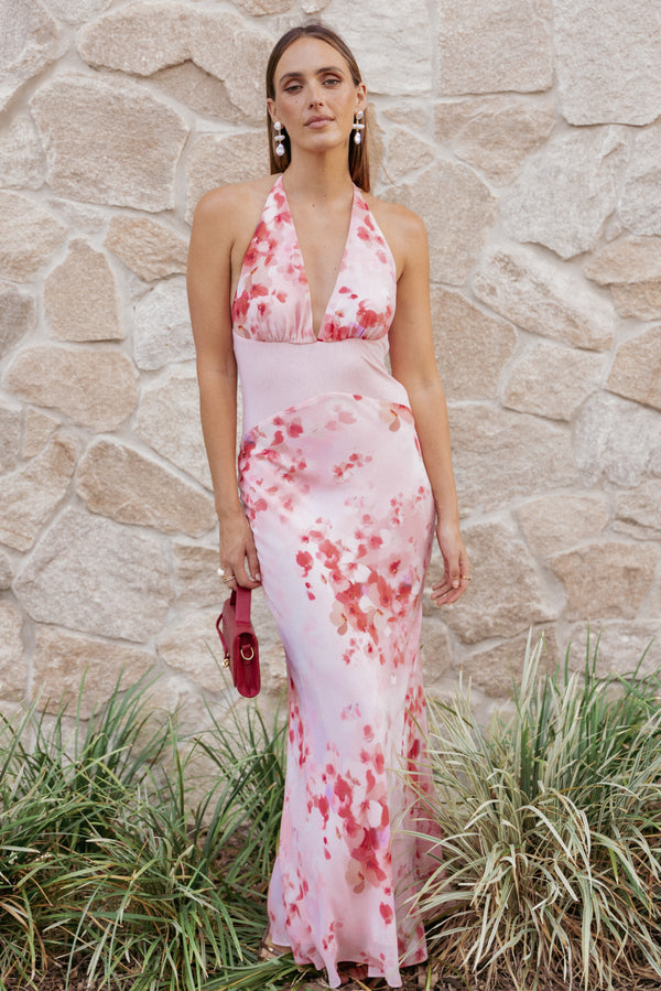 Petal and Pup USA DRESSES Gwyneth Halterneck Maxi Dress - Pink Floral