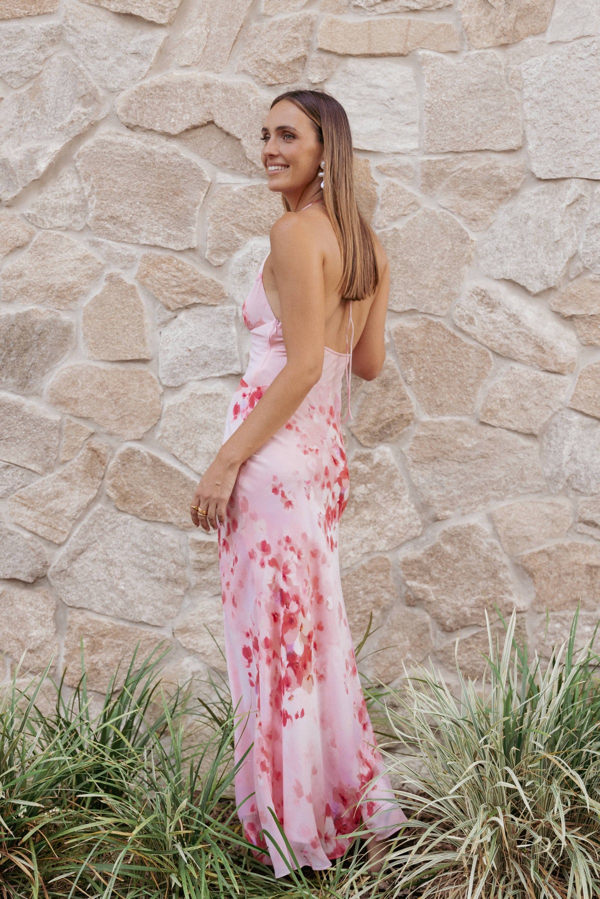 cut-out halterneck maxi dress in apricot pink Calantha Cut-Out Halterneck Maxi Dress in Apricot Pink