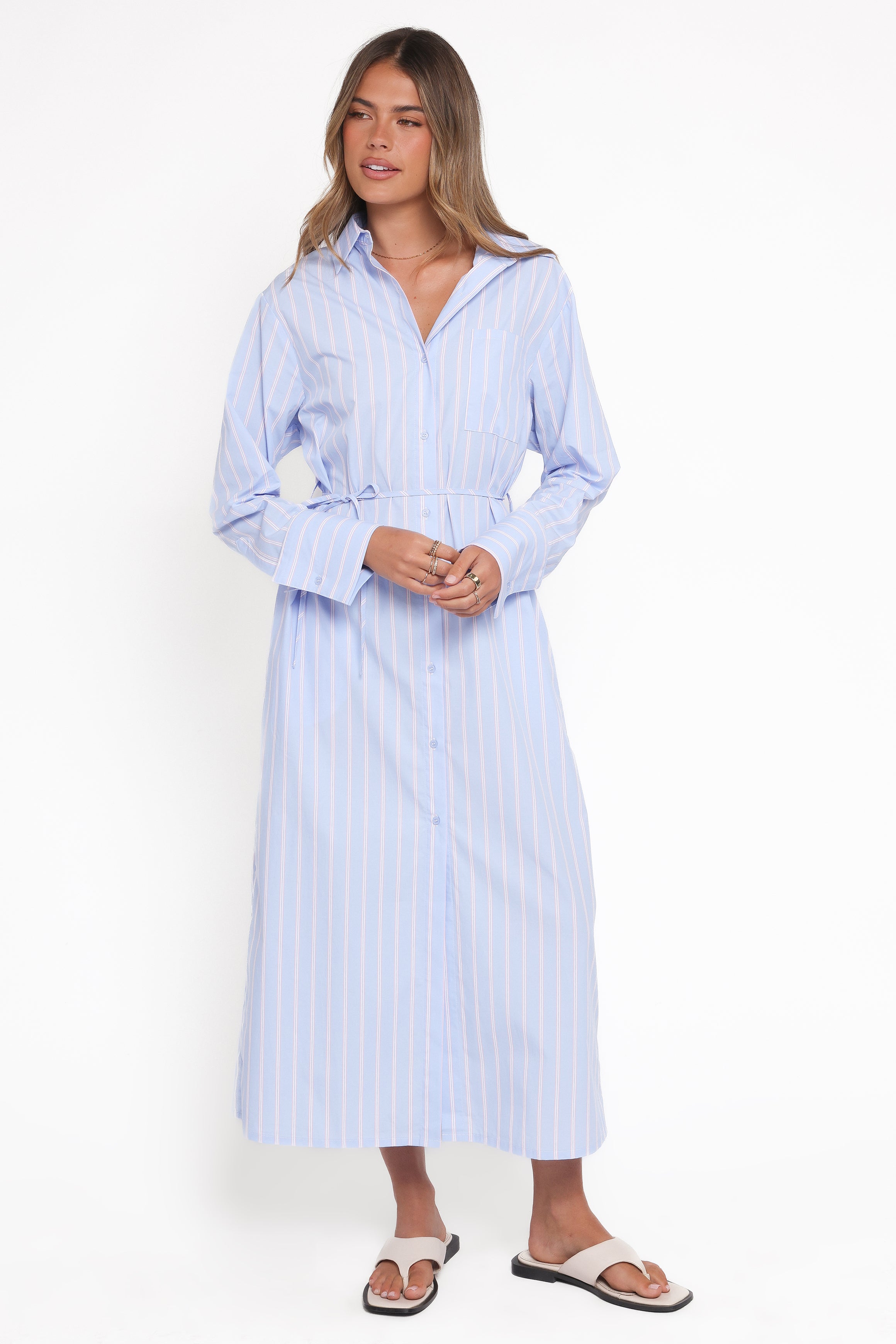 Petal and Pup USA DRESSES Harlan Long Sleeve Midi Dress - Blue Pink Stripe