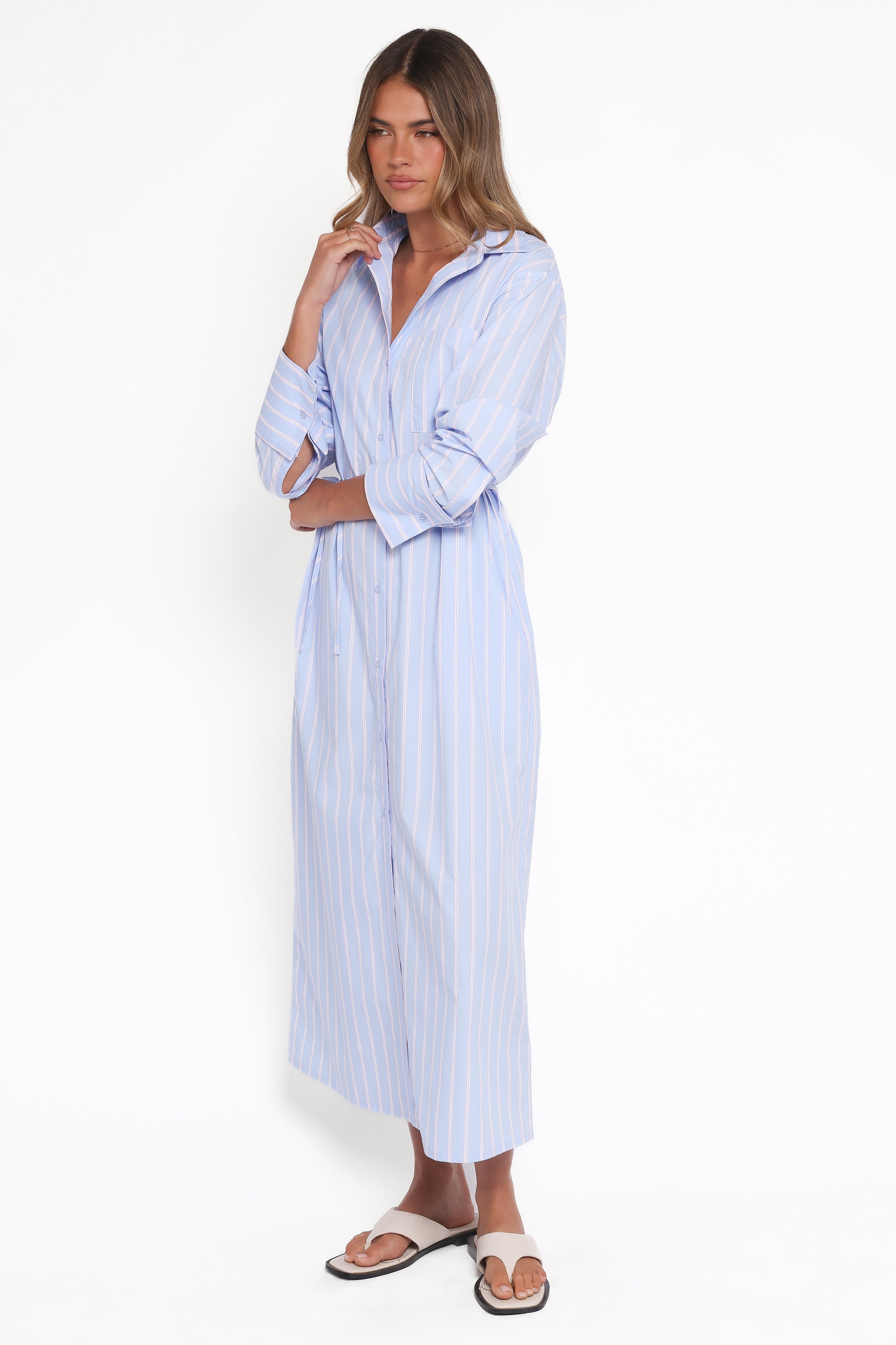Petal and Pup USA DRESSES Harlan Long Sleeve Midi Dress - Blue Pink Stripe