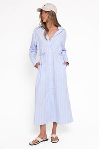 Petal and Pup USA DRESSES Harlan Long Sleeve Midi Dress - Blue Pink Stripe