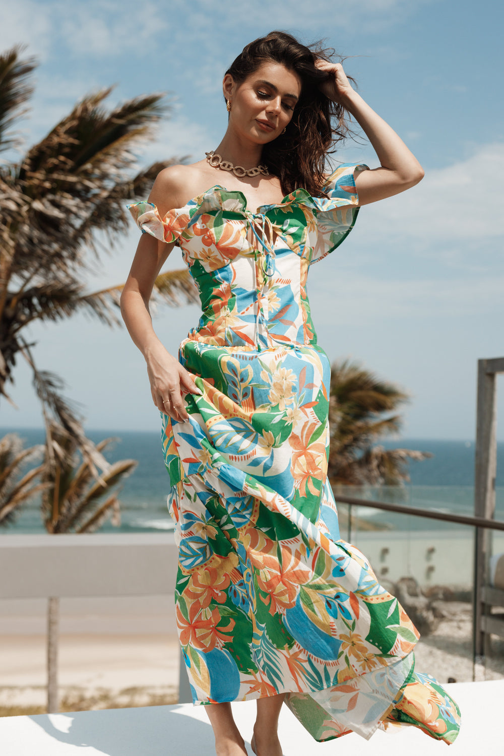 Styli Off Shoulder Pleated A-Line Maxi Dress
