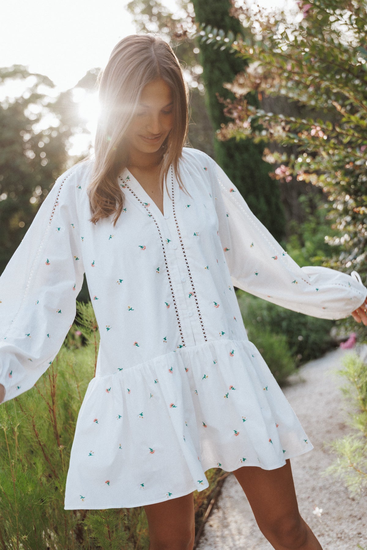 reformation white long sleeve dress Reformation Cream Floral Long Sleeve Hooman Smocked Button Front A Line  Mini Dress Sz 2